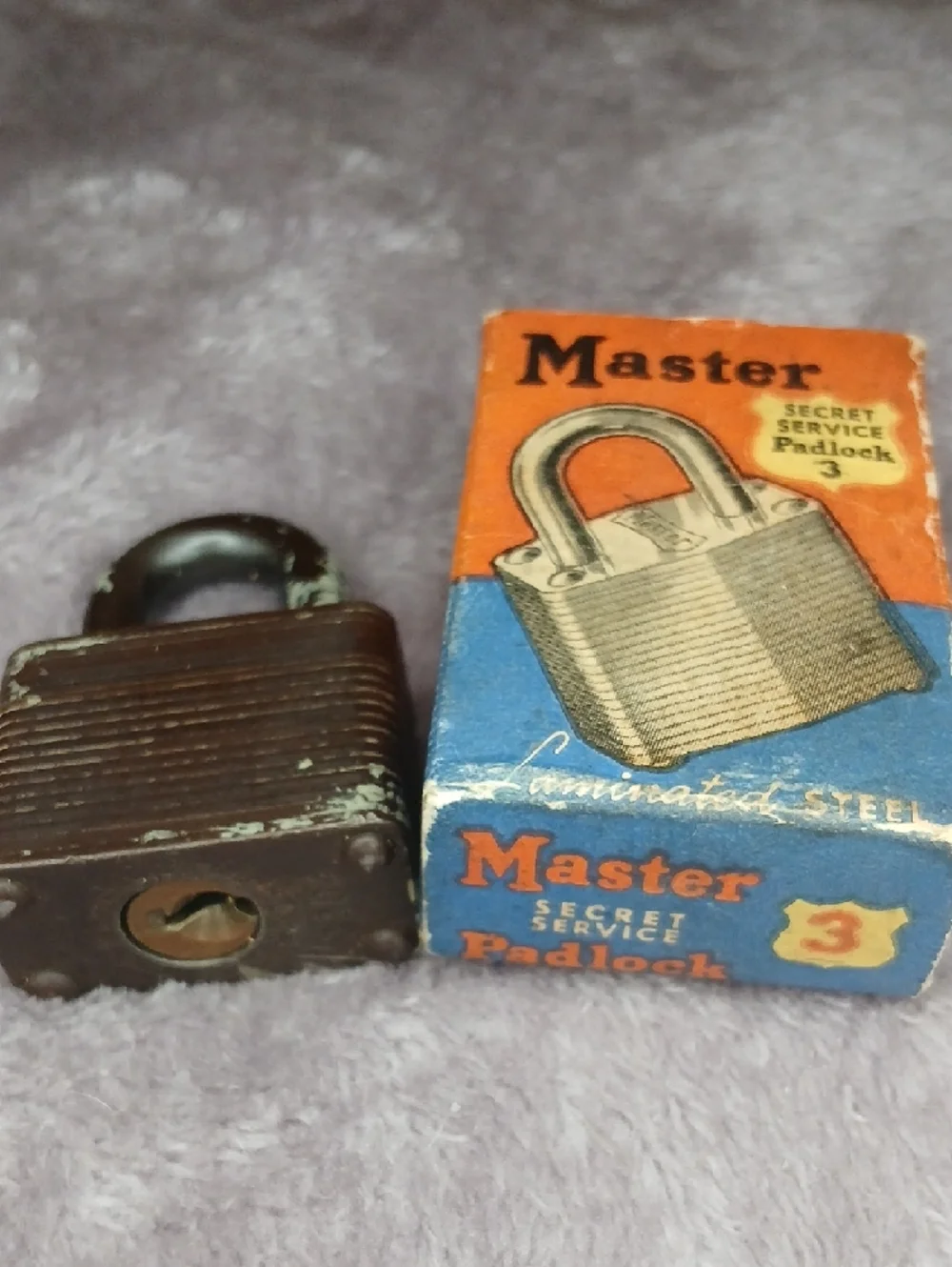 Vintage Master Secret Service Padlock 3 Laminated Steel Lock & Box - No Key